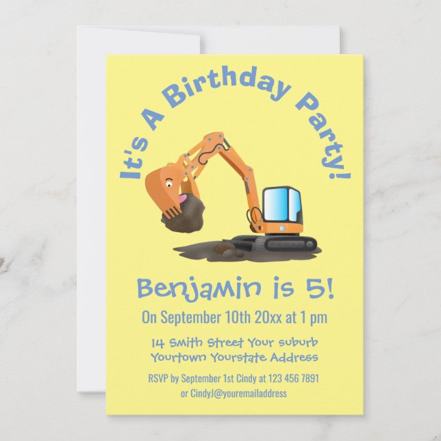 Tecknad för grävning av orange i Cute Inbjudningar (Framsida)