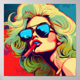 Tecknad för grov pop Art Blonde Woman Smoking Post Poster