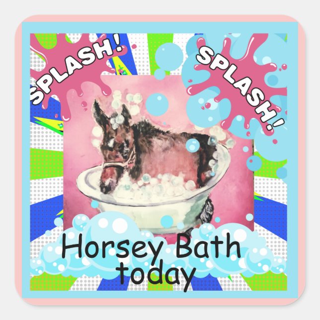 tecknad för hästbad fyrkantigt klistermärke (Framsida)