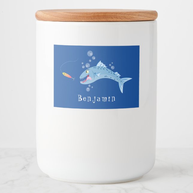 Tecknad för hungrigt fiske i Barracuda Mat Etiketter (Framsida)