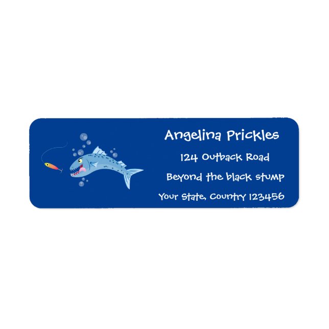 Tecknad för hungrigt fiske i Barracuda Returadress Etikett (Framsidan)
