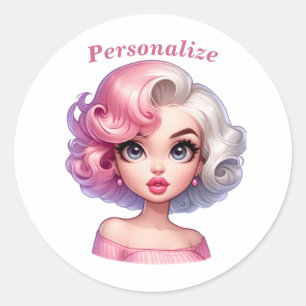 Tecknad för Retro Glamor Girl Animerad Personaliz Runt Klistermärke