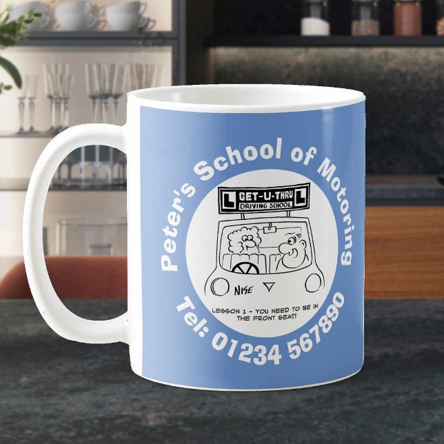 Tecknad för Roligt i förarskolan med Mobilt nummer Kaffemugg (Skapare uppladdad)