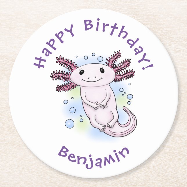 Tecknad för skadlig rosa med axolotl underlägg papper rund (Framsidan)