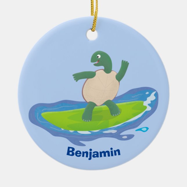 Tecknad för surfande tortoisvåg julgransprydnad keramik (Framsidan)