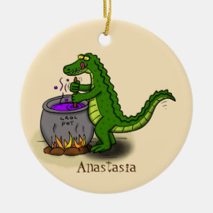 Tecknad för tillagning av grönt alligator julgransprydnad keramik