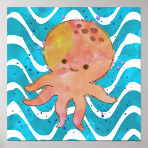 Tecknad för vattenfärg i Cute Octopus Poster