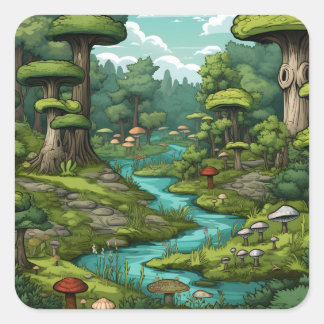 Tecknad Forest Dreamscape Fyrkantigt Klistermärke