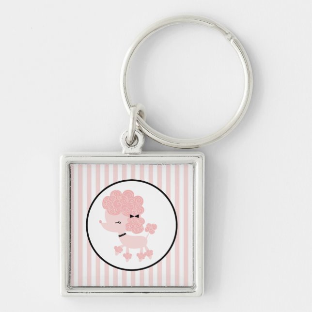 Tecknad Fransk Pudel Fyrkantig Silverfärgad Nyckelring (Framsidan)