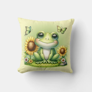 Tecknad Frog Butterflies och Solblommor Kudde