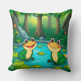 Tecknad Frogs Sitta med en damm i Vibrant Forest Kudde