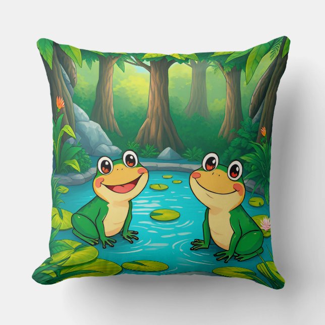 Tecknad Frogs Sitta med en damm i Vibrant Forest Kudde (Framsida)