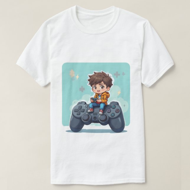 Tecknad Gamer Kid Sitta på PlayStation-styrenhet T Shirt (Design framsida)