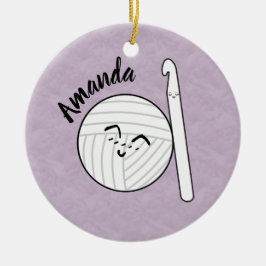 Tecknad Garn Boll & Crochet Krok + Namn Julgransprydnad Keramik