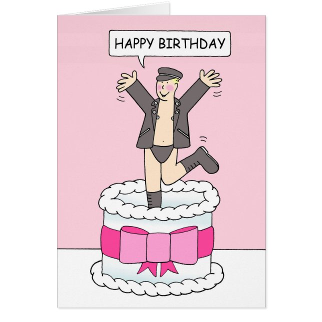 Tecknad Gay Birthday Man som kommer från en kummel Hälsningskort (Framsidan)