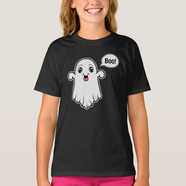 Tecknad Ghost som Boo Halloween T Shirt (Framsida)
