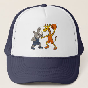 Tecknad giraff & noshörning som spelar basket keps