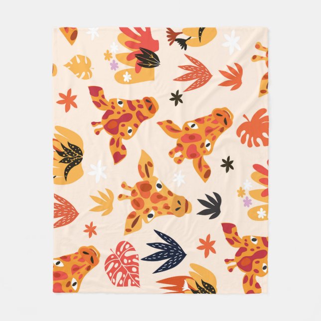 Tecknad Giraffe: Blommigt Savanna Mönster Fleecefilt (Framsidan)