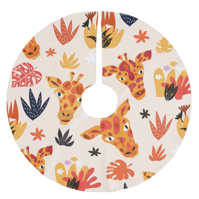 Tecknad Giraffe: Blommigt Savanna Mönster Julgransmatta Borstad Polyester (Framsidan)