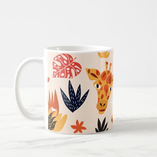 Tecknad Giraffe: Blommigt Savanna Mönster Kaffemugg (Vänster)