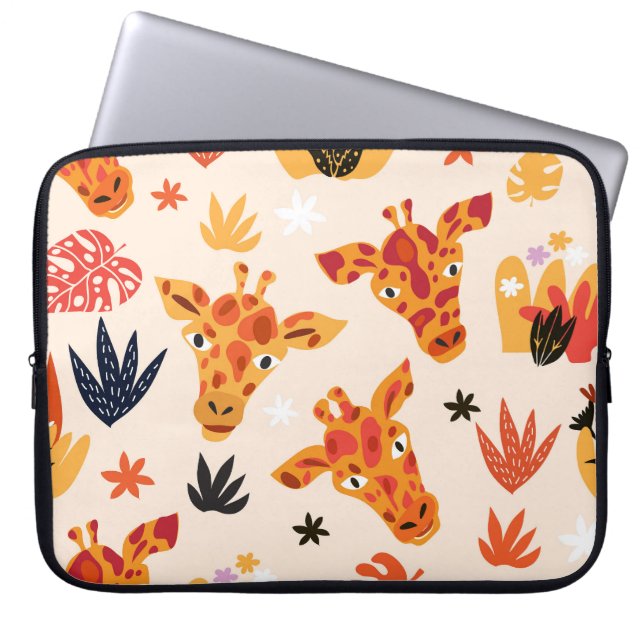 Tecknad Giraffe: Blommigt Savanna Mönster Laptop Fodral (Framsidan)