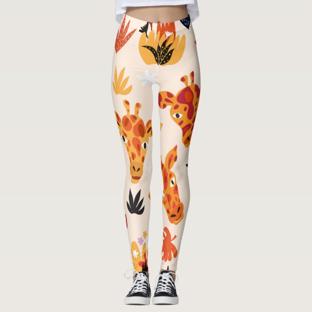 Tecknad Giraffe: Blommigt Savanna Mönster Leggings (Framsida)