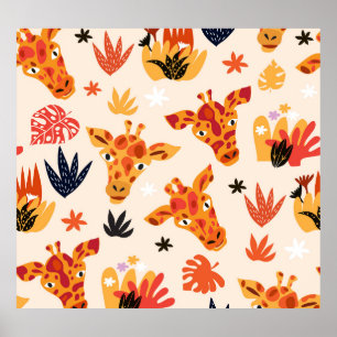 Tecknad Giraffe: Blommigt Savanna Mönster Poster