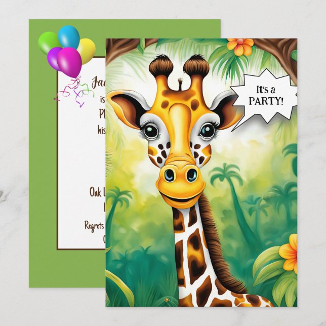 Tecknad Giraffe Födelsedagsfest Inbjudningar (Fram/baksida)