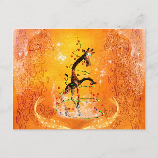 Tecknad giraffe med julgran helg vykort (Framsida)