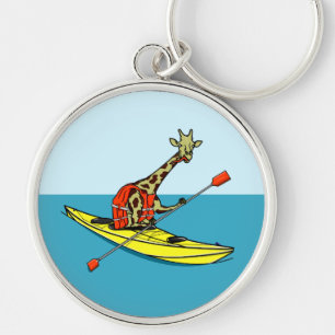 Tecknad giraffe sea kayaking rund silverfärgad nyckelring