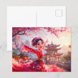 Tecknad Girl Dancing med Cherry Blommars i mars Helg Vykort