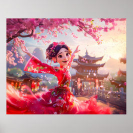 Tecknad Girl Dancing med Cherry Blommars i mars Poster