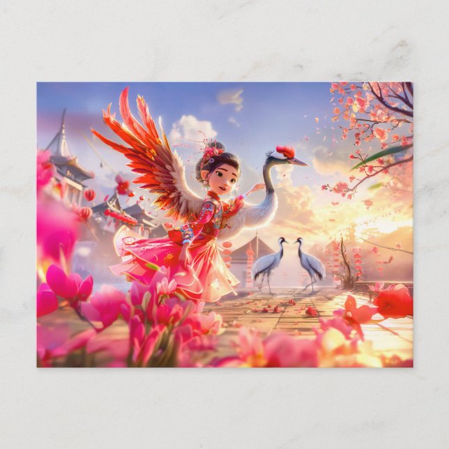 Tecknad Girl Dancing med Crane in Gracnice Scene Helg Vykort (Framsida)