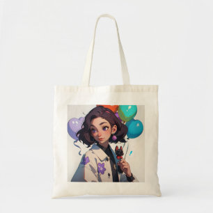 Tecknad Girl Holding Pet and Balloons Tygkasse