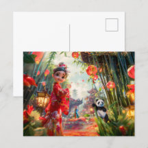 Tecknad Girl in Bamboo Forest with Panda