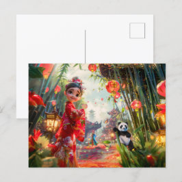 Tecknad Girl in Bamboo Forest with Panda Helg Vykort