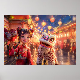 Tecknad Girl in Dragon Costume for Chinese New Yea Poster