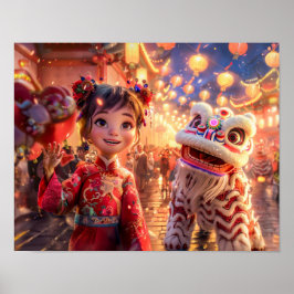 Tecknad Girl in Dragon Costume for Chinese New Yea Poster