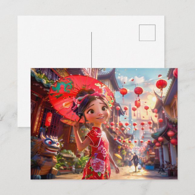 Tecknad Girl med Parasol i Sunny Scene Helg Vykort (Fram/baksida)