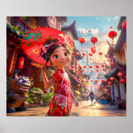 Tecknad Girl med Parasol i Sunny Scene Poster