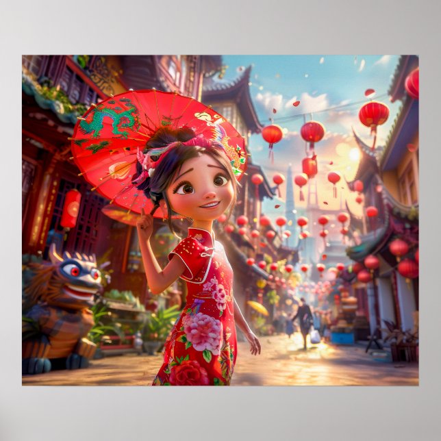 Tecknad Girl med Parasol i Sunny Scene Poster (Framsidan)
