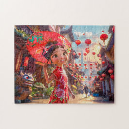 Tecknad Girl med Parasol i Sunny Scene Pussel