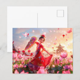 Tecknad Girl Moster med traditionell Fläkt Helg Vykort