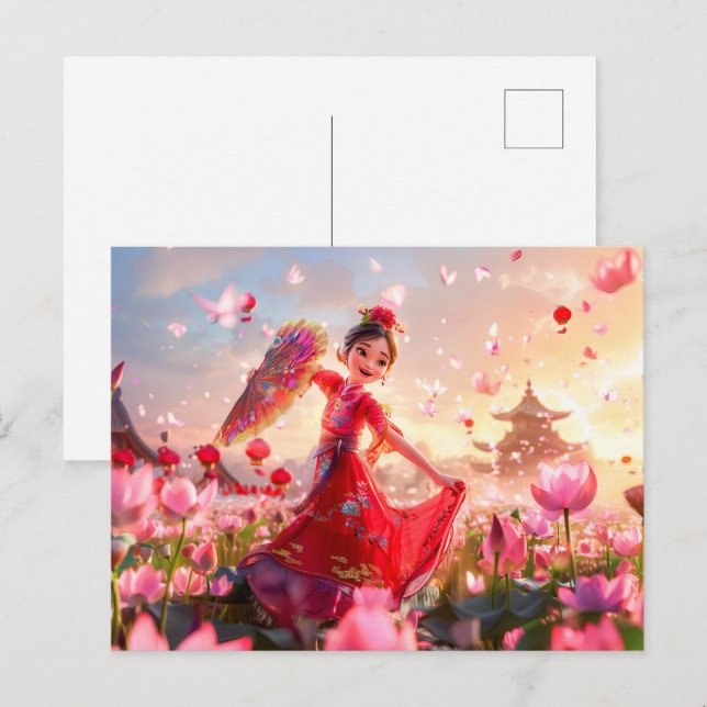 Tecknad Girl Moster med traditionell Fläkt Helg Vykort (Fram/baksida)