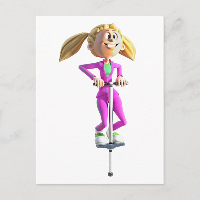 Tecknad Girl på en Pogo Stick Vykort (Framsida)