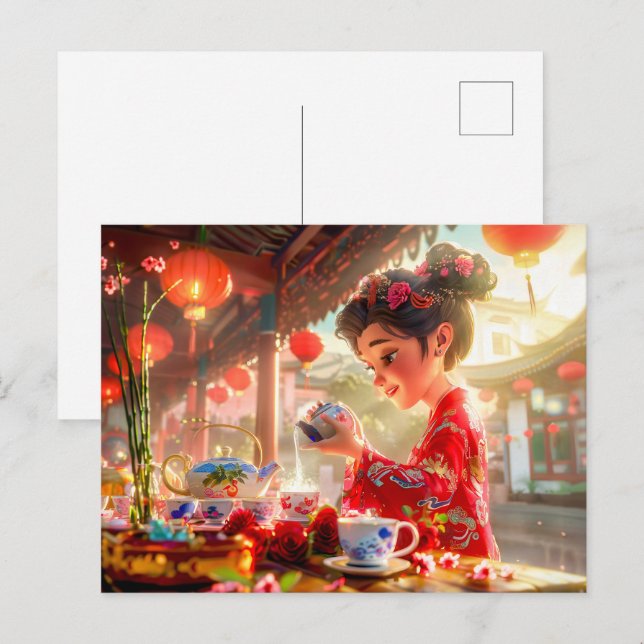 Tecknad Girl Tea in Traditional Setting Helg Vykort (Fram/baksida)
