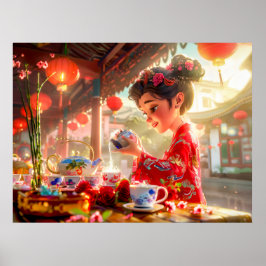 Tecknad Girl Tea in Traditional Setting Poster