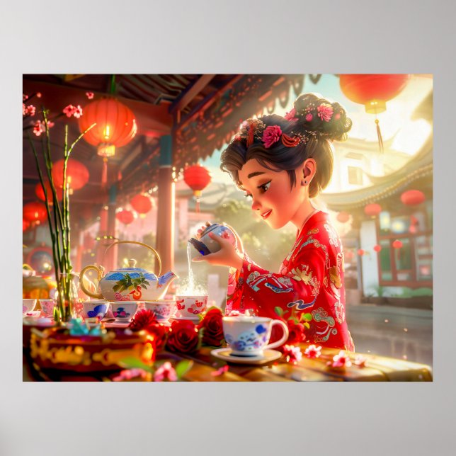 Tecknad Girl Tea in Traditional Setting Poster (Framsidan)