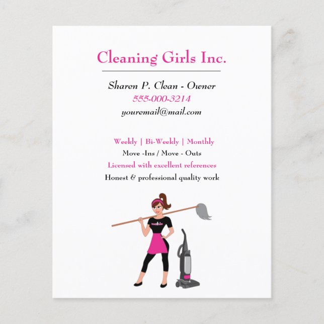 Tecknad Girl with Mop House Städning Service Flygblad (Framsidan)