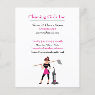 Tecknad Girl with Mop House Städning Service Flygblad